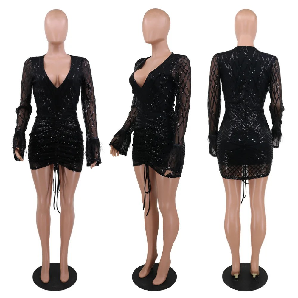 Feather Sequin Mini Dress: Sexy V-Neck Flare Sleeve Lace-Up Bodycon Club Party Robe